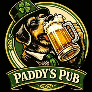 Logo de Paddy’s Pub: un perro con sombrero de leprechaun y una jarra de cerveza